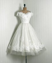 Vestidos De novia De encaje Vintage De los años 1950, cuello redondo, manga casquillo, longitud del té, vestidos De novia escarpados, tul, Vestido De novia 2024 - compra barato