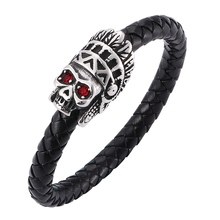 Men Trendy Bracelet Braided Rope Bracelet Skull With Zircon Stainless Steel Magnetic Clasp Punk Wristband Male Jewelry SP0073 2024 - buy cheap