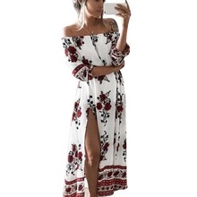 Vestido vintage de verão para mulheres, novo maxi vestido longo com estampa floral, ombros de fora, tubo dividido, vestidos de praia, moda floral, 2021 2024 - compre barato