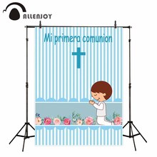 Allenjoy photography background blue first holy communion boy stripe flower custom backdrop photocall photobooth photo studio 2024 - buy cheap