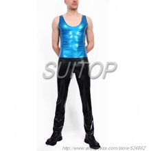 Men 's latex T-shirt Rubber Tee shirts top in Metallic blue vest 2024 - buy cheap