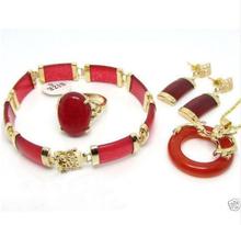 Jewelry Natural Red Jade Dragon Pendant Necklace Ring Bracelet Earring Set 2024 - buy cheap