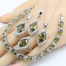 Conjuntos de jóias de cor de prata para mulher verde oliva zircônia cúbica pulseira brincos colar pingente anéis caixa de presente livre 2024 - compre barato