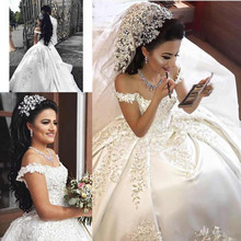 2021 luxury Arabic Ball Gown Wedding Dresses Satin Off Shoulder Illusion Lace Applique Crystal Beaded Plus Size Bridal Gowns 2024 - buy cheap