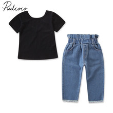 2018 Brand New Toddler Baby Girls Summer Clothes Sets 2PCS Short Sleeve Black T-shirts Tops Blue Elastic Waist Pants Outfit 1-6Y 2024 - buy cheap