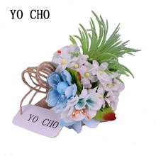 YO CHO Handmak Hemp Rope Succulent Blue White Bride flower Wedding Silk Rose Boutonniere Wedding Prom Groom Groomsmen Corsage 2024 - buy cheap