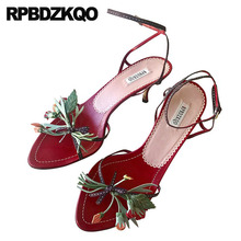 Bowtie Ankle Strap Wedding Leaf Embellished Stiletto Pumps Nice Red Bridal Elegant Flower Bow Women Sandals 2021 Summer Shoes 2024 - buy cheap
