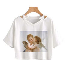 Женская футболка с коротким рукавом, летняя повседневная футболка с принтом «Angel hugs kiss» и треугольным вырезом в стиле Харадзюку 2024 - купить недорого