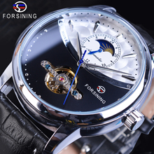 Relógio masculino de esqueleto forsining, relógio mecânico automático com pulseira de couro preto genuíno, visor de lua e sol, relógio de pulso da moda 2024 - compre barato