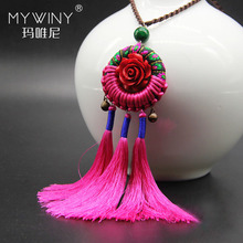 fashion ethnic jewelry long  tassel necklace,rose red embroidery vintage necklace ,New women sweater necklace 2024 - buy cheap