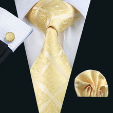 Gravata masculina amarela jacquard, novidade, tecido 100%, marca de seda, com abotoaduras, conjunto para casamento, negócios, festa, frete grátis 2024 - compre barato