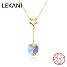 Lekani s925 joias finas de prata, corrente longa banhada a ouro, com pingente de coração, cristais de contas coloridas de swarovski para mulheres 2024 - compre barato