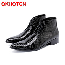 Mens Genuine Leather Boots Lace Up Men Oxford Boot Pointed Toe Botas Hombre Sewing Snakeskin Pattern Cool Ankle Motorcycle Boots 2024 - buy cheap