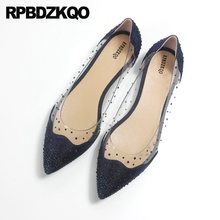 Zapatos planos de punta estrecha para mujer, calzado de vestir con diamantes de imitación, brillantes, color azul marino, para boda y fiesta 2024 - compra barato