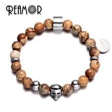 REAMOR New Arrival Natural Picture Stones Beads with 316l Stainless Steel Skull Beads Stretch Energy Bracelets for Men Jewelry 2024 - buy cheap