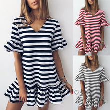 Summer Sweet Causal Women Dress 3 Style Flare Sleeve V-Neck Ruffles Striped Loose Mini Trumpet Dress  Lotus Leaf Dress 2024 - buy cheap