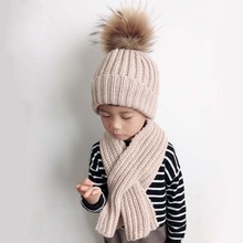 Big Real Fur Pompom Hat Scarf Set Crianças Inverno Grosso de Lã de Malha Beanie Chapéus Para Crianças Com Idades Entre 3-10 2024 - compre barato
