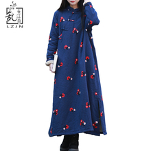 LZJN Faux Fur Clothing Embroidery Women Maxi Dress Elegant Cheongsam Cotton Linen Robe Vintage Qipao Fleece Winter Dress 15245 2024 - buy cheap