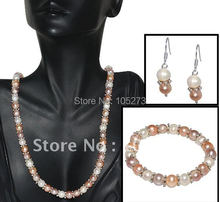 Colar de pérola de água doce rosa e branco, brincos e pulseira, conjunto com joias femininas da moda, 18 polegadas, frete grátis 2024 - compre barato