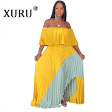 XURU large size loose chiffon dress  summer new women's beach long dress one word shoulder pearl pleated stitching dress 2024 - buy cheap