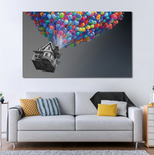 Красочные воздушные шары и летающие дома летающие фантазии гостиная домашний Настенный декор деревянная рамка тканевый постер DM274 2024 - купить недорого
