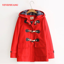 Autumn Winter New Solid Short Wool Blend Ladies Coat Horn Button Women's Jacket Hooded Full Sleeve Korean Casual Fashion Coat 2024 - buy cheap