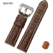 Beafiry pulseira de couro genuíno, pulseira vintage de bambu com fecho para relógios 22mm 24mm 26mm para homens marrom 2024 - compre barato