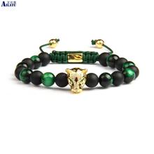 Ailatu Men Panther Cz Bracelets Wholesale 8mm Natural Matte Onyx & Green Tiger Eye Stone Leopard Macrame Jewelry 2024 - buy cheap