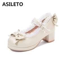 ASILETO sweet women pumps platform shoes woman bowtie round toe lace ruffle Loita cosplay mary janes footwear sapatos zapatos 2024 - buy cheap
