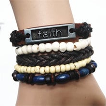 Faith Cross Wooden Beads Wrap Handmade Woven Men Leather Bracelets Women Vintage Bangle Male Homme Jewelry Accessories 2024 - buy cheap