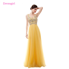 Yellow Evening Dresses A-line V-neck Chiffon Crystals Beaded Backless Elegant Long Evening Gown Prom Dress Robe De Soiree 2024 - buy cheap