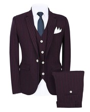 Mens Pinstripe Suit 3 Piece Slim Fit Casual Dress Suits One Button Formal Notch Lapel Tuxedos Blazer+Vest+Pants 2024 - buy cheap