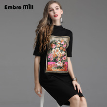 High-end Summer  Retro palace painting embroidery Over the knee dress black/white Waist Slim elegant lady dress plus size M-3XL 2024 - buy cheap