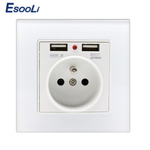 Esooli-toma de corriente de pared estándar francés, Panel de cristal blanco, 2.1A, doble puerto USB, cargador para móvil, 16A 2024 - compra barato