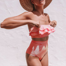 Conjunto de Bikini a rayas para mujer, traje de baño de cintura alta con hombros descubiertos, bañador Sexy sin tirantes, ropa de playa S-L 2019 2024 - compra barato