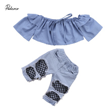 2017 Brand New Toddler Infant Baby Girl Off Shoulder Strap Top Denim Pants Hole Net Jeans 2Pcs Outfits Set Fashion Clothes 6M-4T 2024 - buy cheap