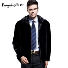 Ftangaiur jaqueta masculina de inverno, casaco de pele de vison de veludo importado com capuz de pele, casaco preto sólido casual curto e inteligente em pelo real 2024 - compre barato