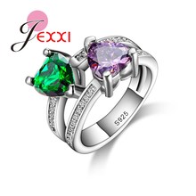 Creative Design Hollow Romantic Double Hearts Purple Green Crystal Women Wedding Party Rings Fashion  Silver Jewelry 2024 - buy cheap