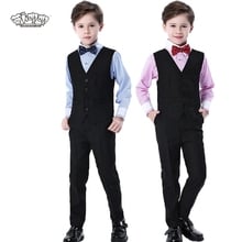 Traje Formal de boda para niños, ropa de marca con flores, chaleco de caballero, camisa, pantalones, pajarita, disfraces de ceremonia, 4 Uds. 2024 - compra barato