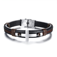 Pulseira masculina de couro legítimo feita à mão, bracelete com enfeite em cruz de 8.26" 2024 - compre barato