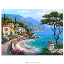 Pintura de paisaje marino Mediterráneo pintada a mano para sala de estar, cuadro de pared pintado en lienzo, arte 03 2024 - compra barato