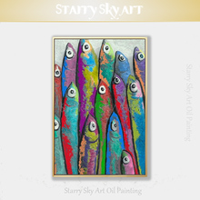 Pintura acrílica de peces modernos abstractos pintada a mano sobre lienzo, pintura acrílica de peces de animales divertidos para decoración de pared, nueva 2024 - compra barato