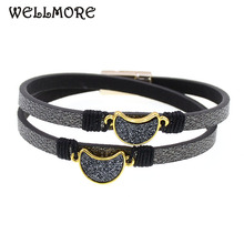 Wellmore pulseira de couro de duas camadas, braceletes com pingentes de lua, para mulheres da moda, braceletes boêmios na moda, atacado 2024 - compre barato