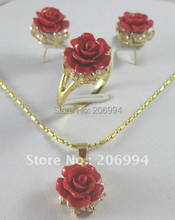 Free shipping coral diamante Necklace pendant ring earring fashion jewelry set #361 2024 - buy cheap