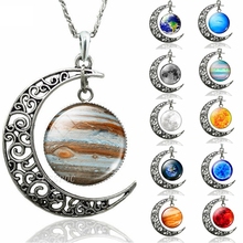 Earth Jupiter Sun Stars Planet Hollow Crescent Moon Necklace Glass Cabochon Jewelry Handmade Pendant DIY Accessories Women Gift 2024 - buy cheap