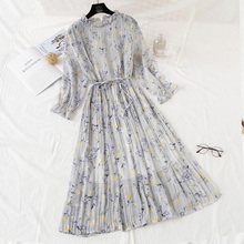 Women Long Dress 2019 Spring Summer Vintage Floral Print Pleated Chiffon Dress Long sleeve Loose Plus Size Dresses Vestidos 2024 - buy cheap