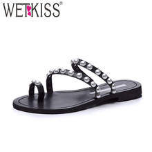 WETKISS Super Big Size 47 New Summer Women Pearl Slippers Flat Sole Slides Shoes Leather Footwear 2018 Fashion Casual Girl Shoes 2024 - buy cheap