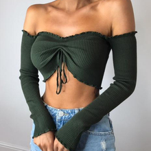 New Women Sexy Fashion Off Shoulder Short Long Sleeve Slash Neck Autumn Slim Lace Up Crop Tops 6Q0442 2024 - buy cheap