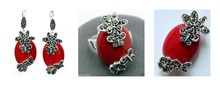 Anillo de marcasita tallado en rojo, pendientes y conjuntos de joyería de moda, 925 Plata de ley (#7-10) 2024 - compra barato