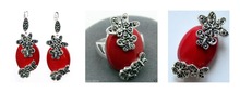 Fashionable Red Carved Lacquer Marcasite 925 Sterling  Ring(#7-10) Earrings & Pandent jewelry sets 2024 - buy cheap